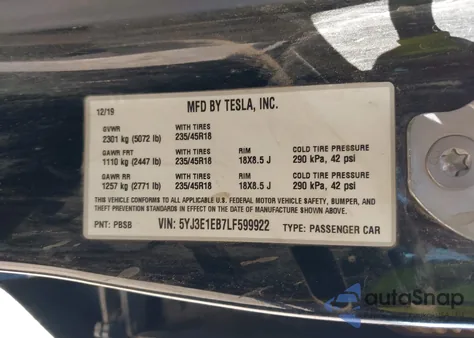 2020 Tesla Model 3 Long Range Dual Motor All-Wheel Drive из США, поврежденный, VIN 5YJ3E1EB7LF599922